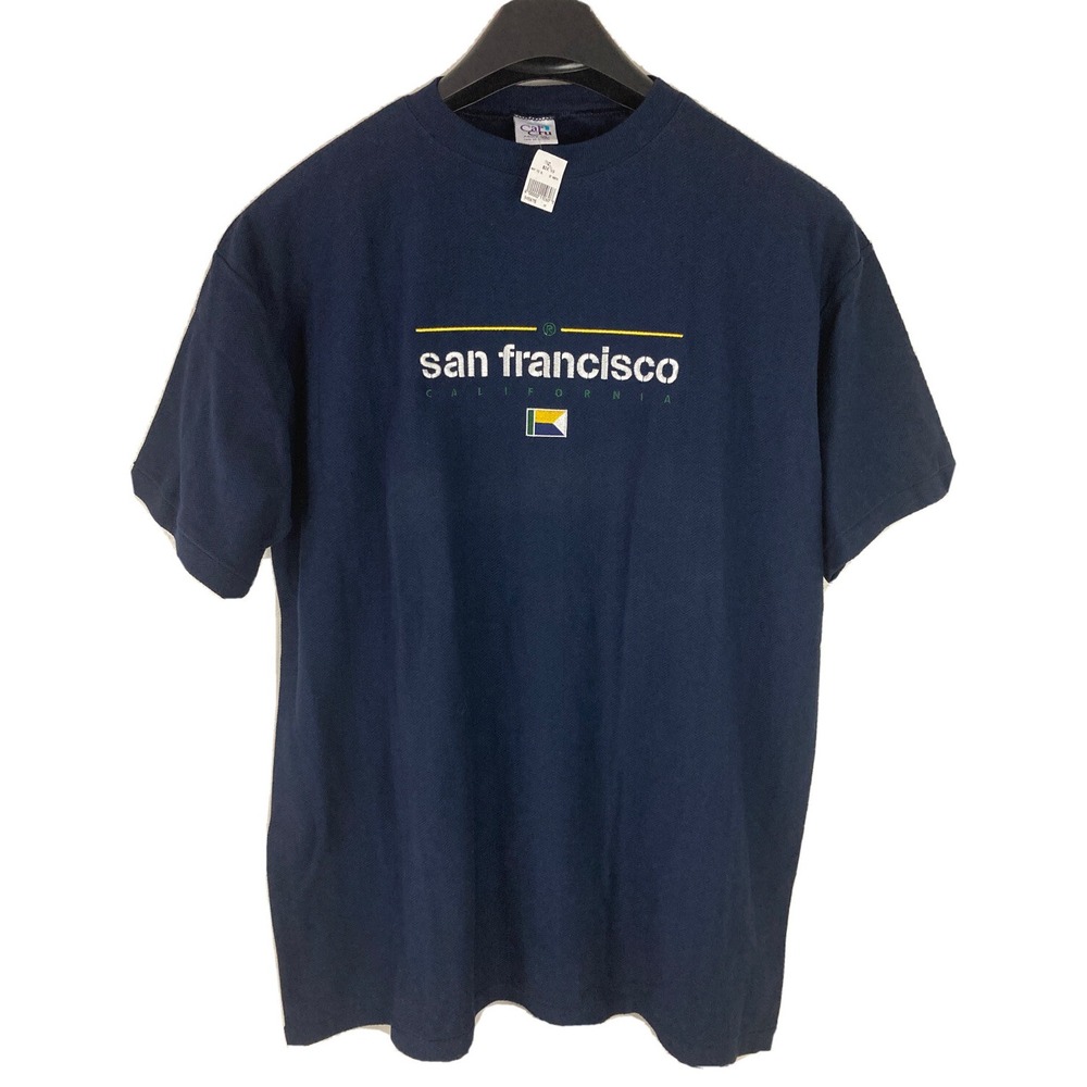 VTG CalCru San Francisco Men's XL Navy Tee Single‎ Stitch SS T-Shirt Herringbone